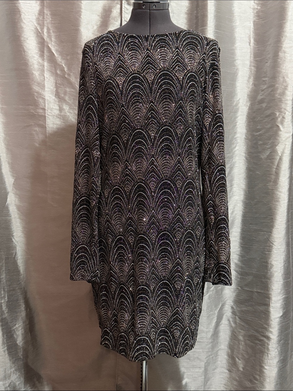 iris Black Beaded Long-Sleeve Shift Dress